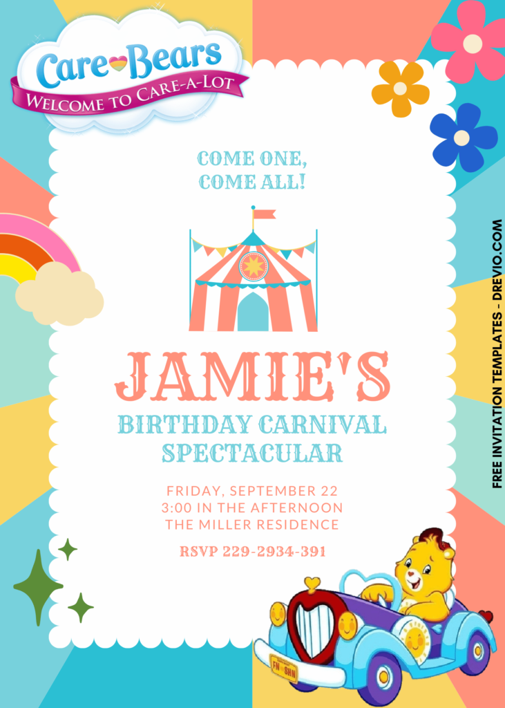 7+ Birthday Carnival Care Bears Canva Birthday Invitation Templates with cute wording