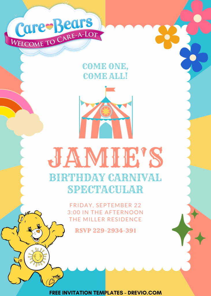 7+ Birthday Carnival Care Bears Canva Birthday Invitation Templates with circus tent