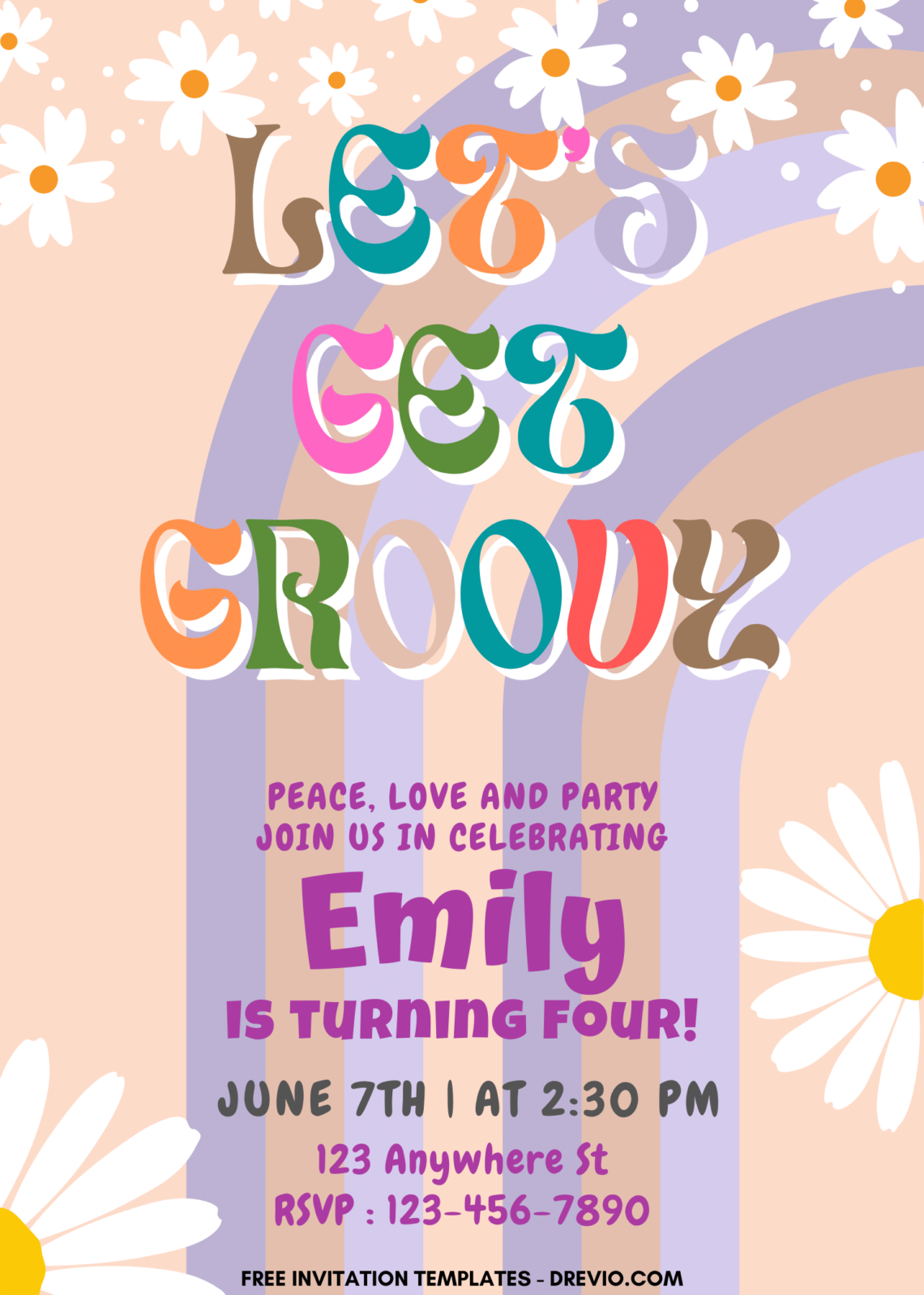 7+ Get Groovy Retro Hippie Canva Birthday Invitation Templates with hand drawn daisy