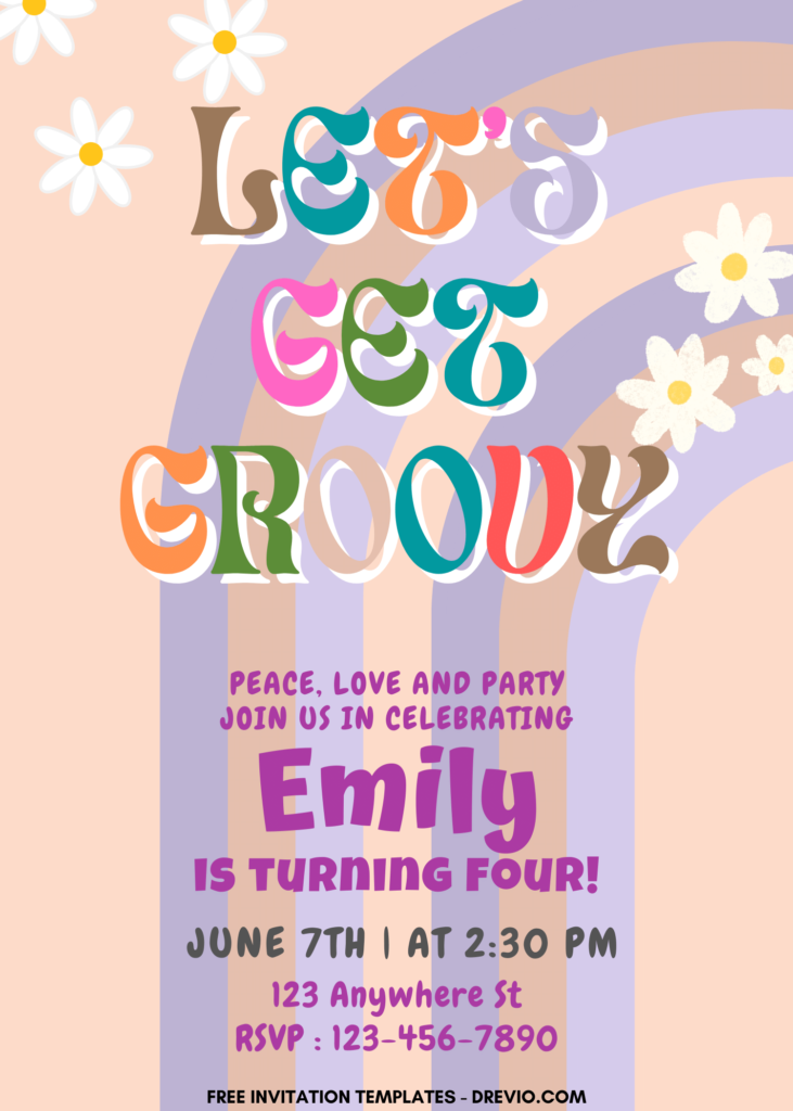 7+ Get Groovy Retro Hippie Canva Birthday Invitation Templates with colorful arches