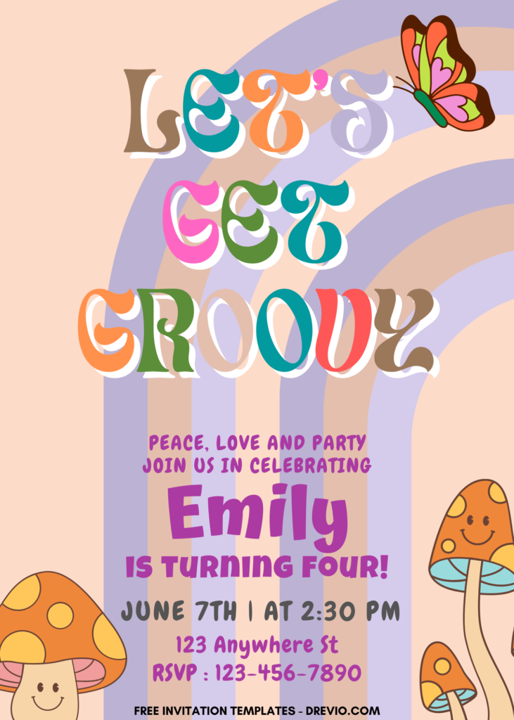 7+ Get Groovy Retro Hippie Canva Birthday Invitation Templates with cartoon mushrooms