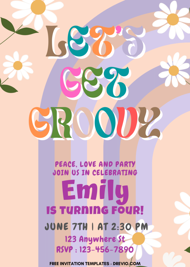 7+ Get Groovy Retro Hippie Canva Birthday Invitation Templates with colorful text