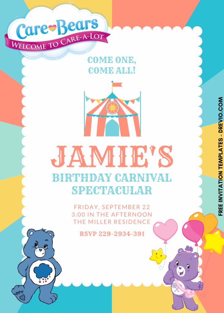 7+ Birthday Carnival Care Bears Canva Birthday Invitation Templates with Grumpy bears