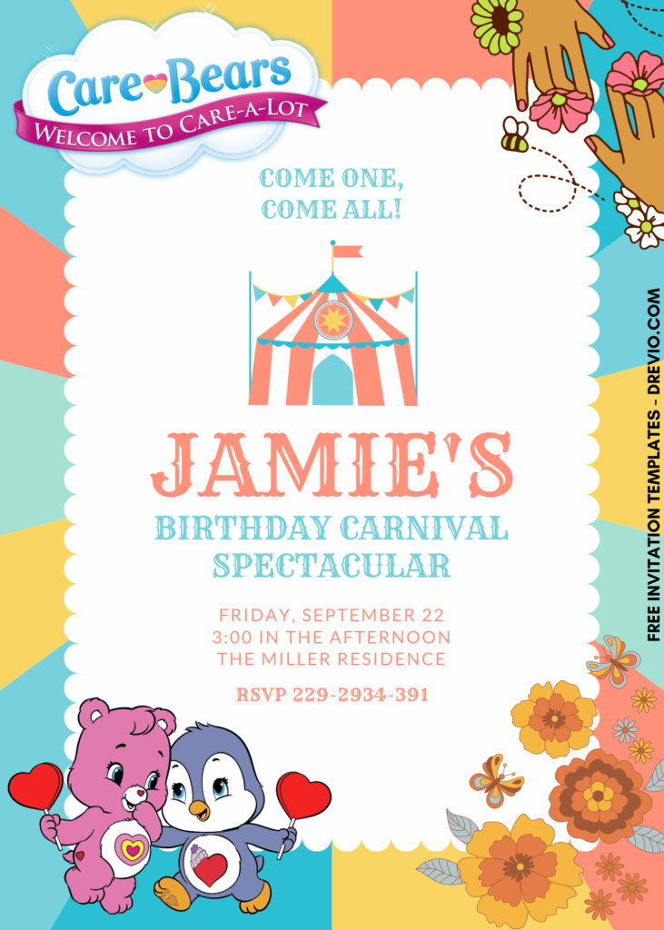 7+ Birthday Carnival Care Bears Canva Birthday Invitation Templates with colorful rainbow background