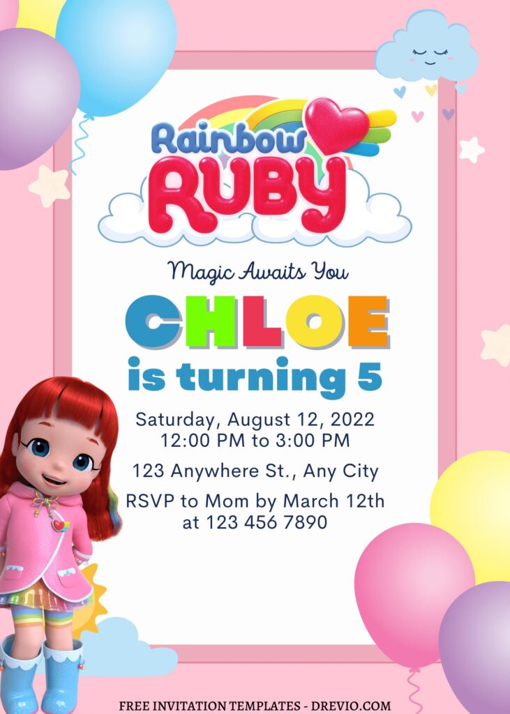9+ Rainbow Delight With Ruby & Friends Canva Birthday Invitation with colorful text