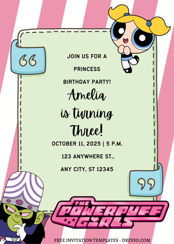 11+ Miraculous Powerpuff Girls Canva Birthday Invitation Templates with cute pink stripes