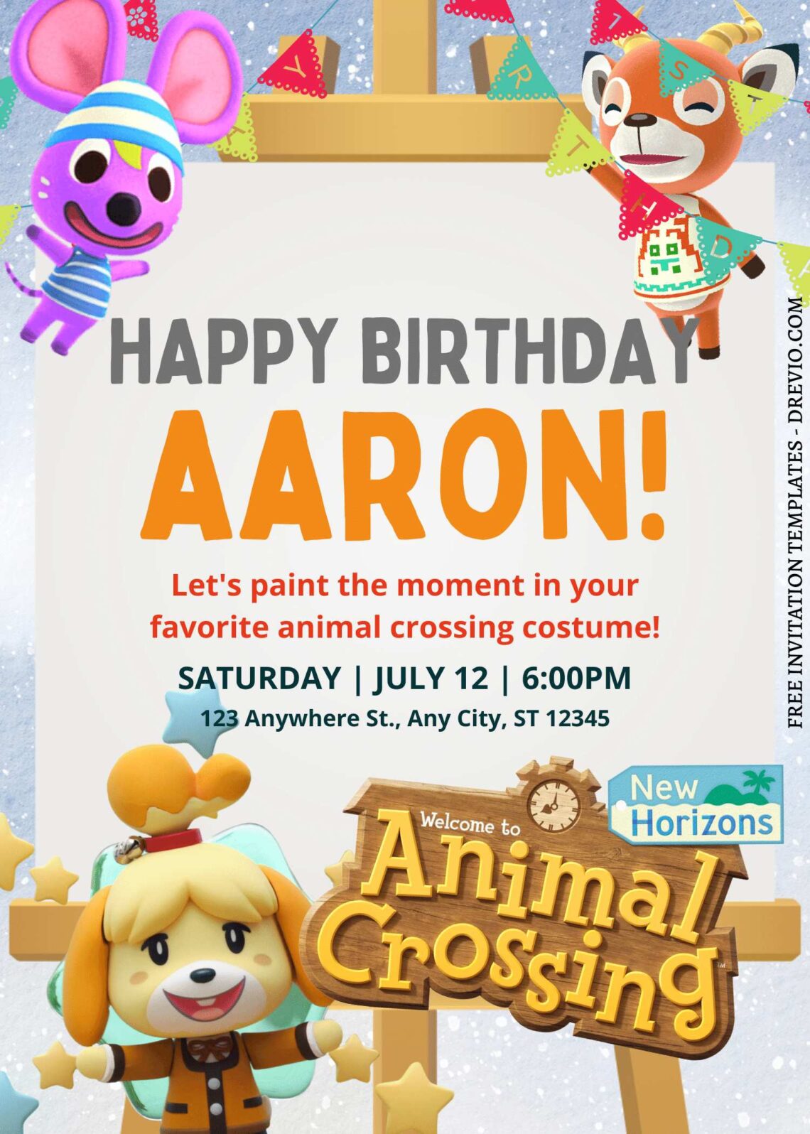 8+ Paint Party Animal Crossing Canva Birthday Invitation Templates with cute Blathers