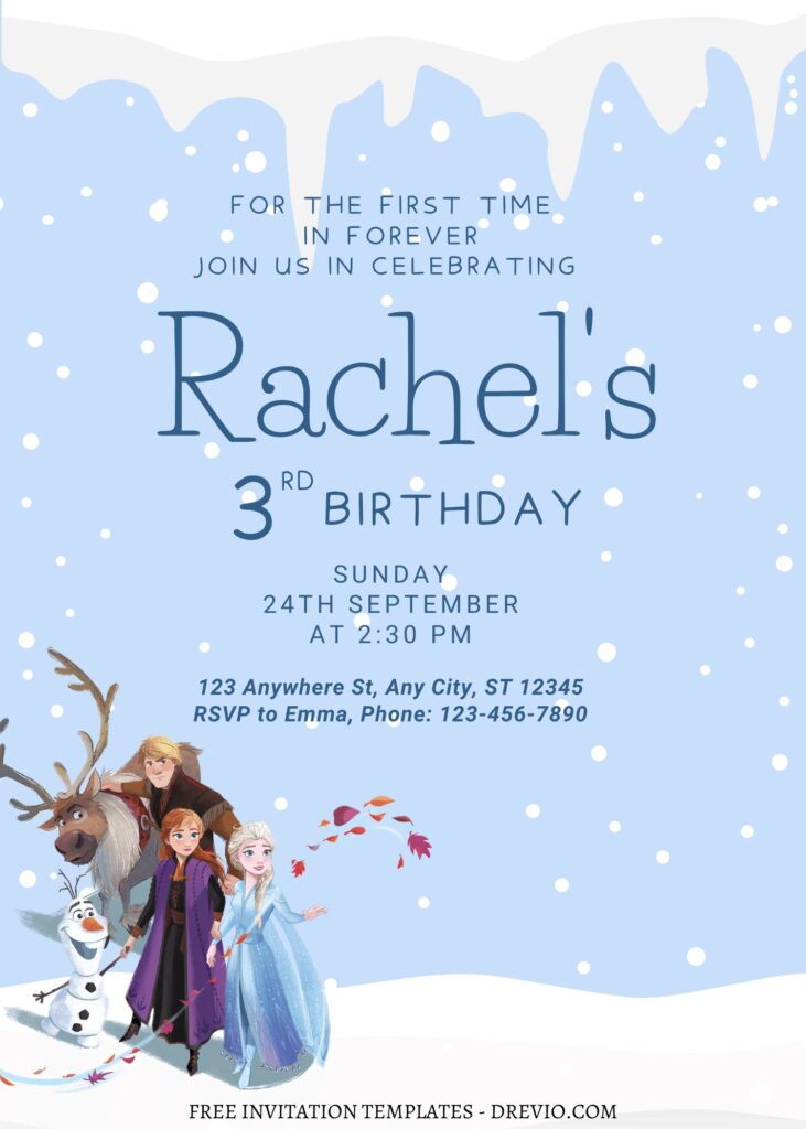 11+ Beautiful Snowfall Disney Frozen Canva Birthday Invitation Templates with beautiful blue background