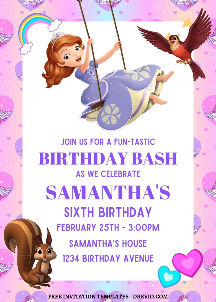 10+ Gleaming Pink Princess Sofia Canva Birthday Invitation Templates with Swinging Sofia