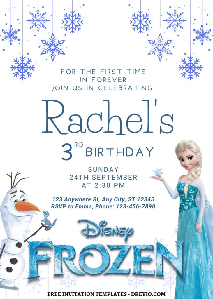 8+ Winter Princess Disney Frozen Canva Birthday Invitation Templates with blue snowflakes