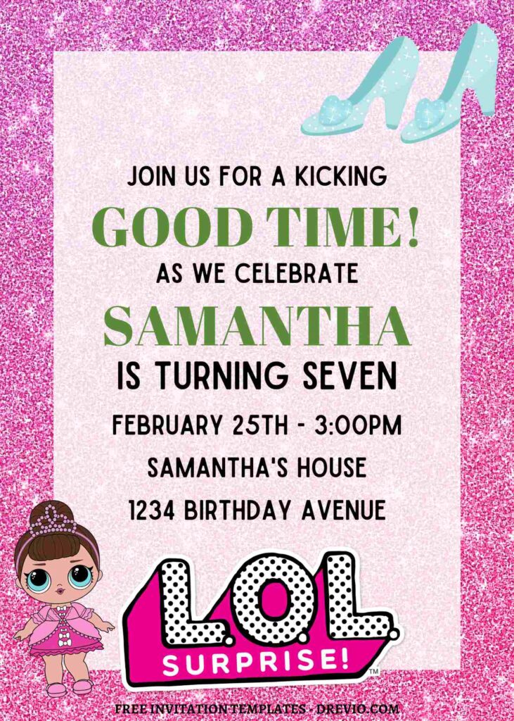 8+ Sparkling Glitter LOL Surprise Canva Birthday Invitation Templates with pink glitter backgrund