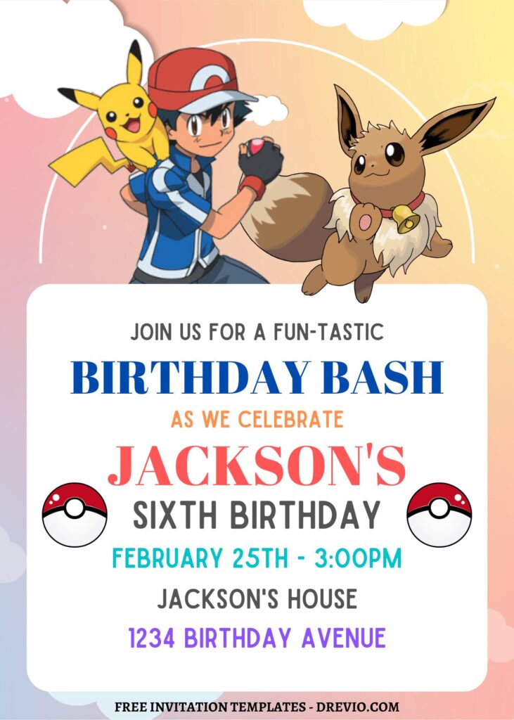 8+ Adorable Pokemon Adventure Canva Birthday Invitation Templates with Ash and Eevee