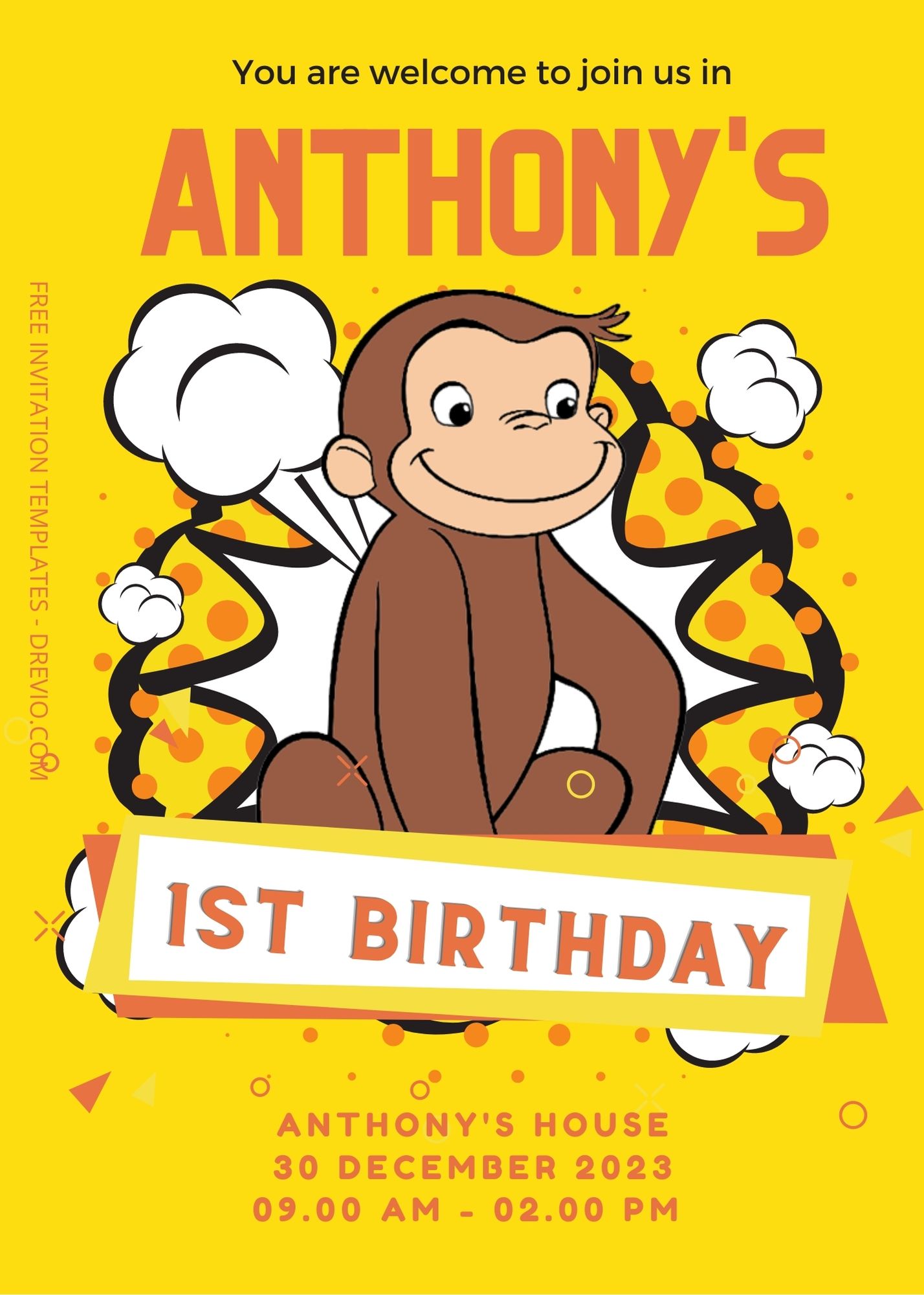 8+ Yellow Party With Curious George Canva Birthday Invitation Templates One