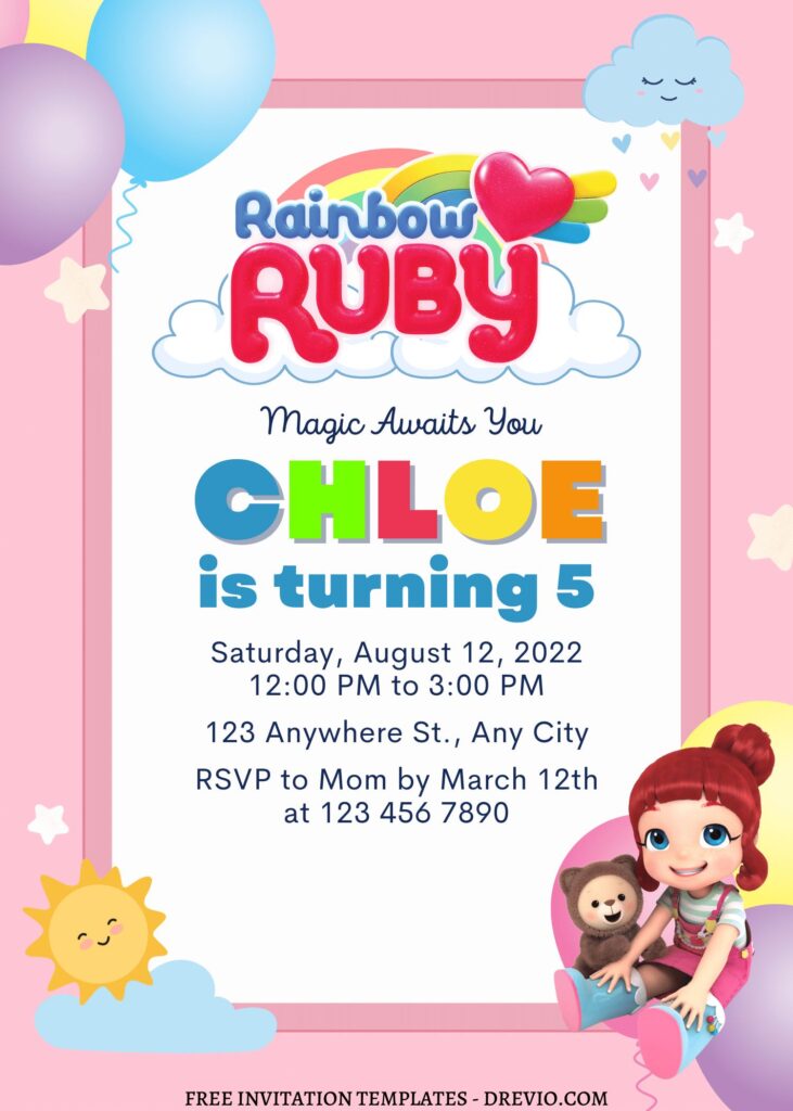 9+ Rainbow Delight With Ruby & Friends Canva Birthday Invitation with beloved pink background