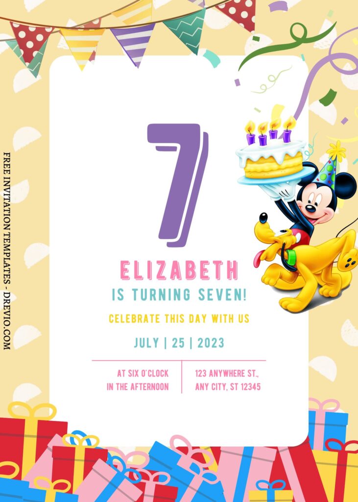 11+ Fun Mickey Mouse Clubhouse Canva Birthday Invitation Templates  with cute Mickey mouse is holding birthday cake