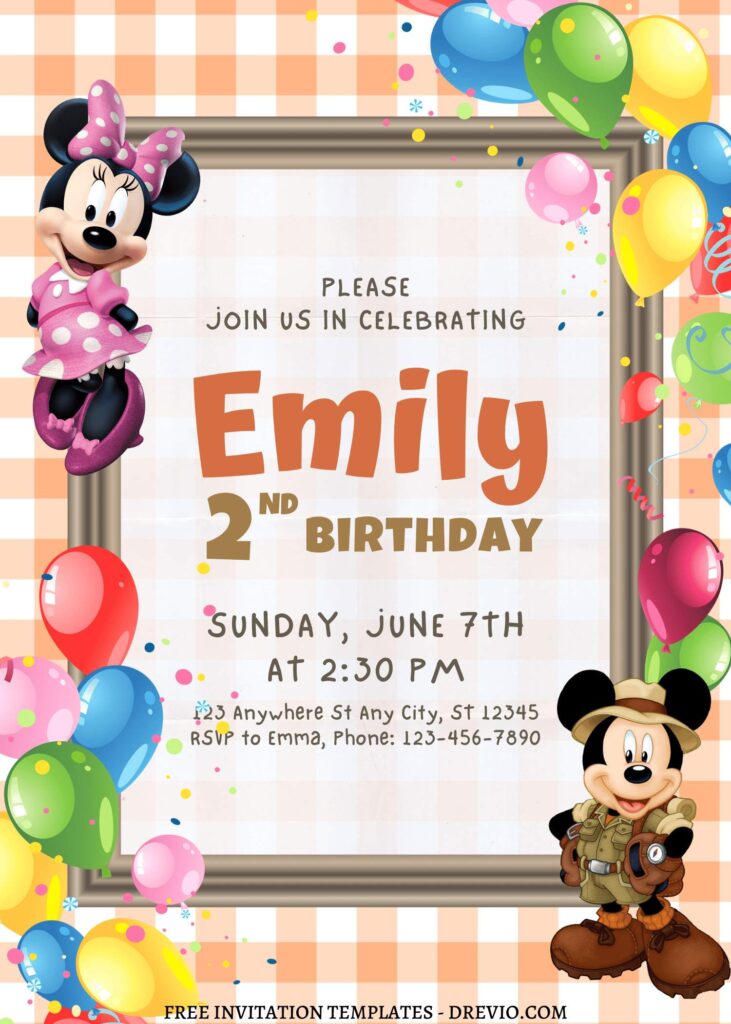 10+ Endearing Mickey & Minnie Mouse Canva Birthday Invitation Templates with Adorable Minnie Mouse in pink polka dot dress