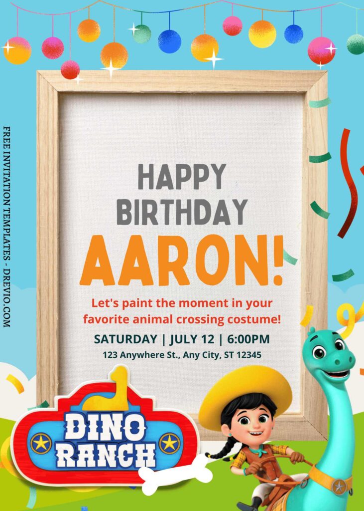 10+ Dino Ranch Party Park Canva Birthday Invitation Templates with colorful garland