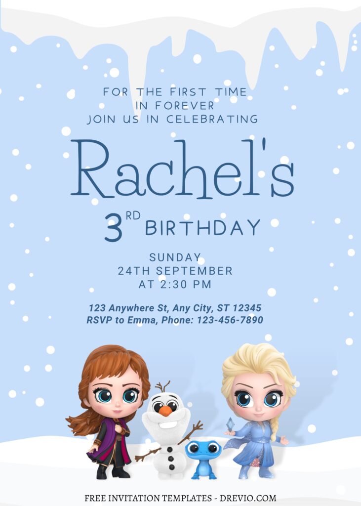 11+ Beautiful Snowfall Disney Frozen Canva Birthday Invitation Templates with Chiby Anna and Elsa