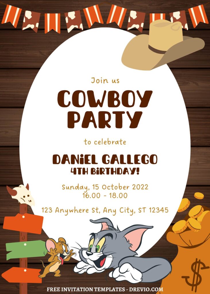 9+ Tom & Jerry Cowboy Up Canva Birthday Invitation Templates with  Cowboy hat
