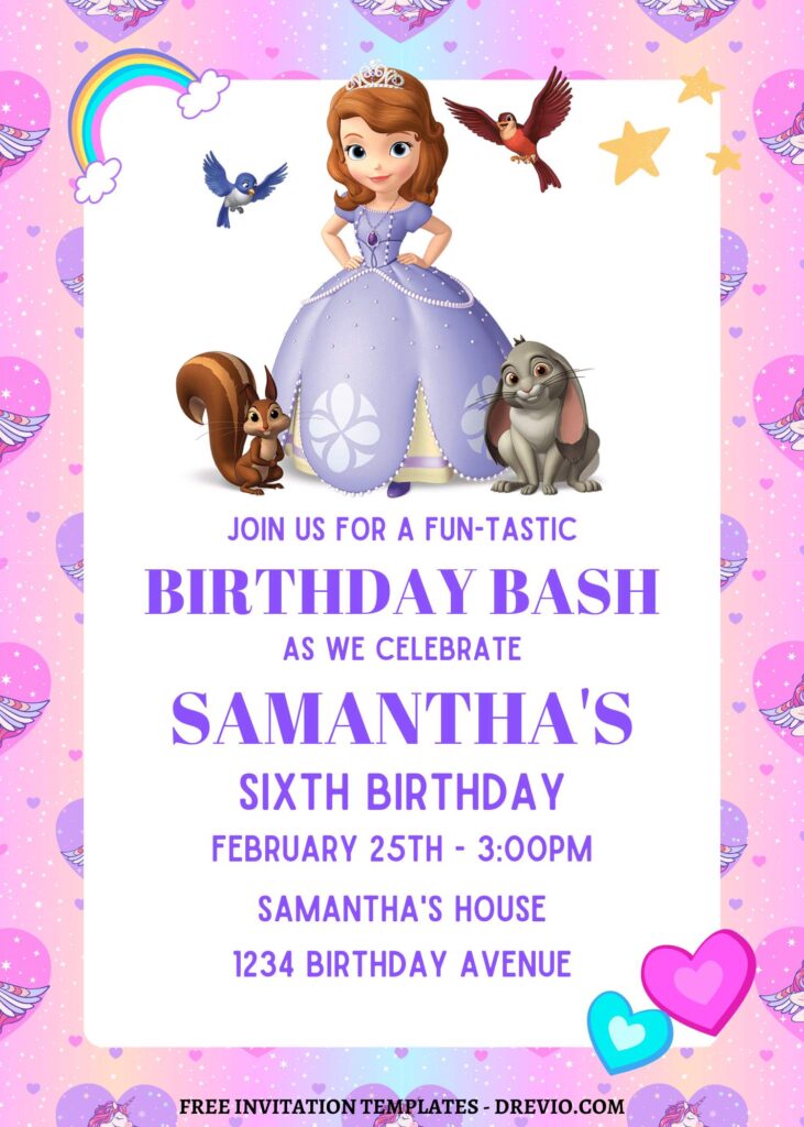 10+ Gleaming Pink Princess Sofia Canva Birthday Invitation Templates with whatnaught the squirrel