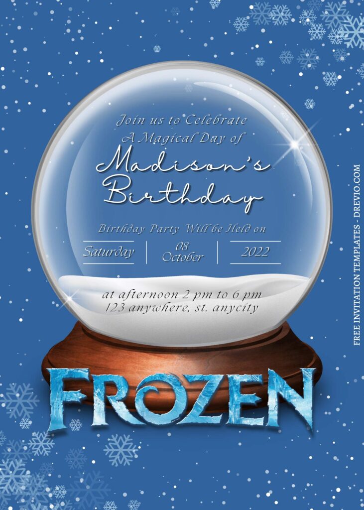9+ Magical Snow Globe Frozen Canva Birthday Invitation Templates with winter blue background