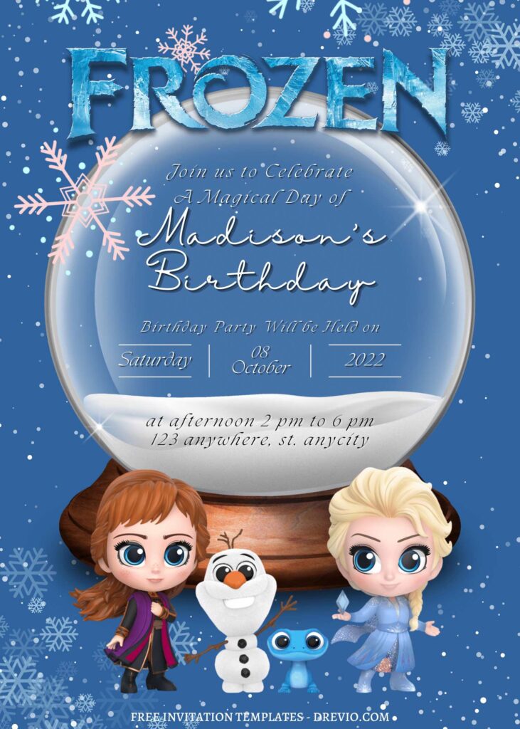 9+ Magical Snow Globe Frozen Canva Birthday Invitation Templates with Chiby Elsa and Anna