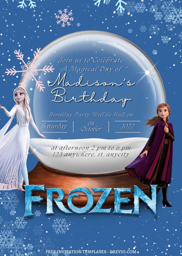 9+ Magical Snow Globe Frozen Canva Birthday Invitation Templates with white snowflakes