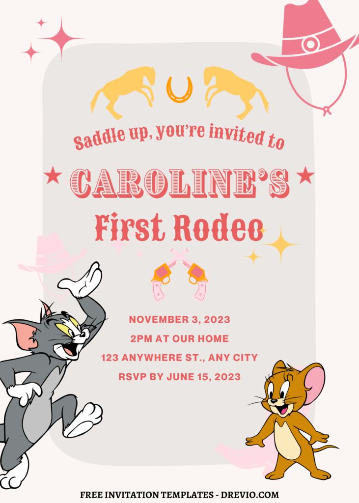 9+ Cute Tom And Jerry Canva Birthday Invitation Templates with cowboy hat