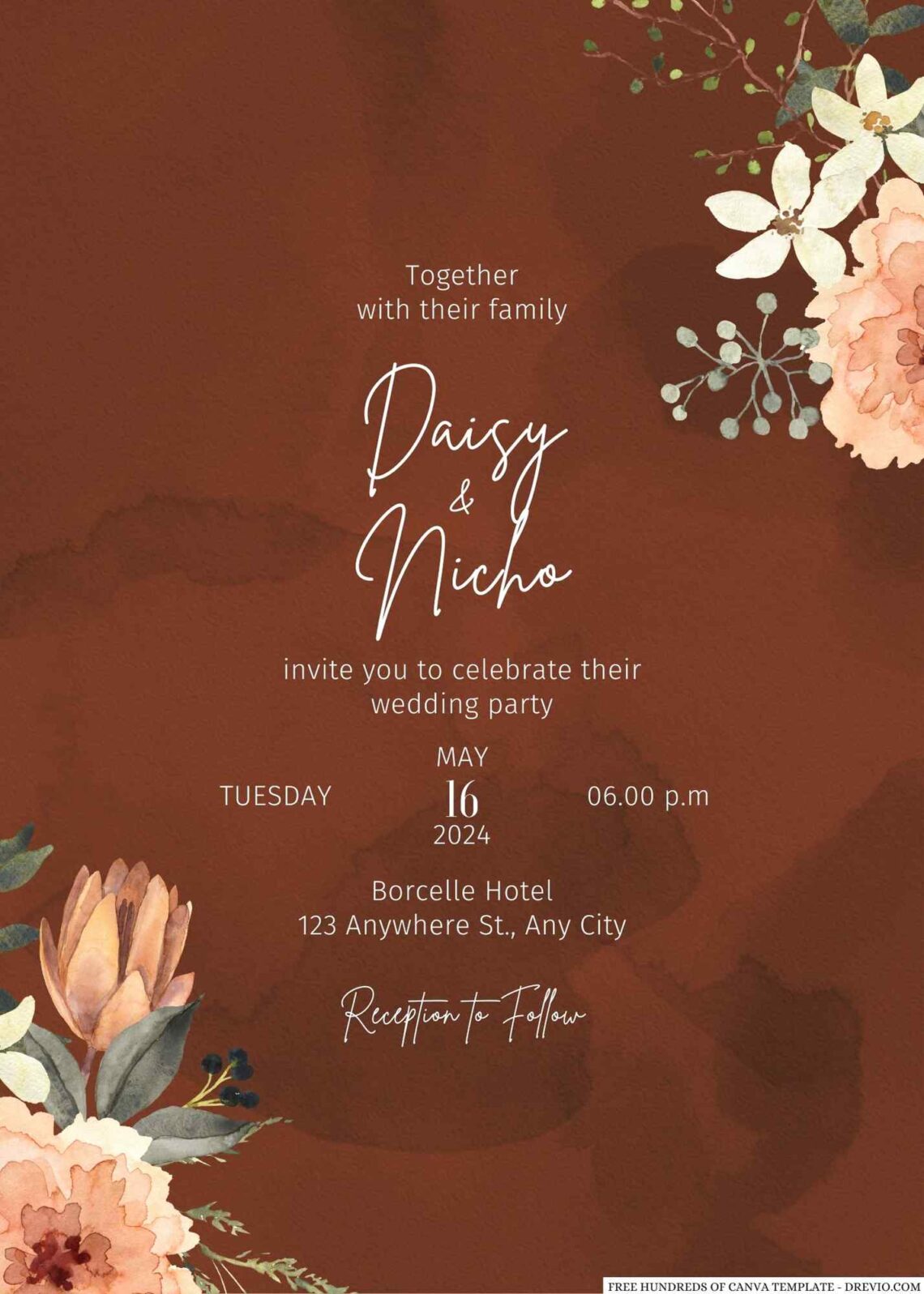 Free Editable Terracotta Floral Watercolor Wedding Invitation