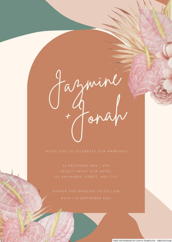 Free Editable Terracotta Pink Dried Floral Wedding Invitation 