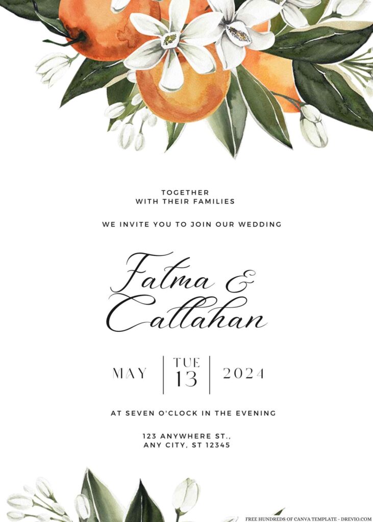 Invitation Template of 14+ Orange Blossom Watercolor Floral Canva Wedding Invitation Templates 1