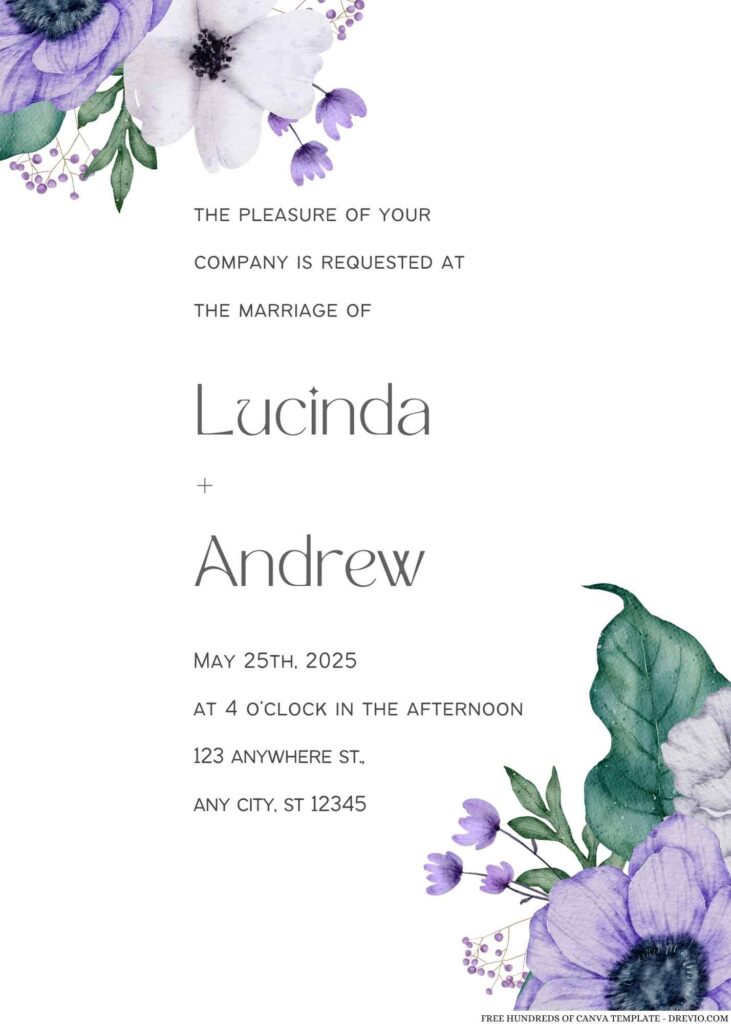 Watercolor White Purple Floral Canva Wedding Invitation Templates