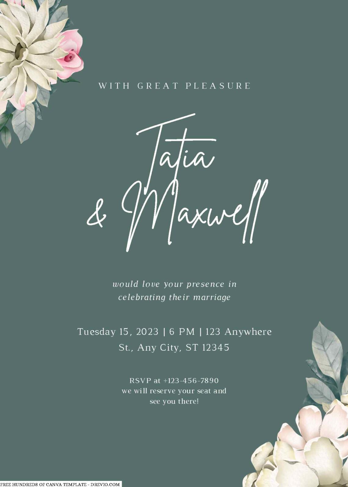 Free Editable Sage White Floral Bouquet Wedding Invitation
