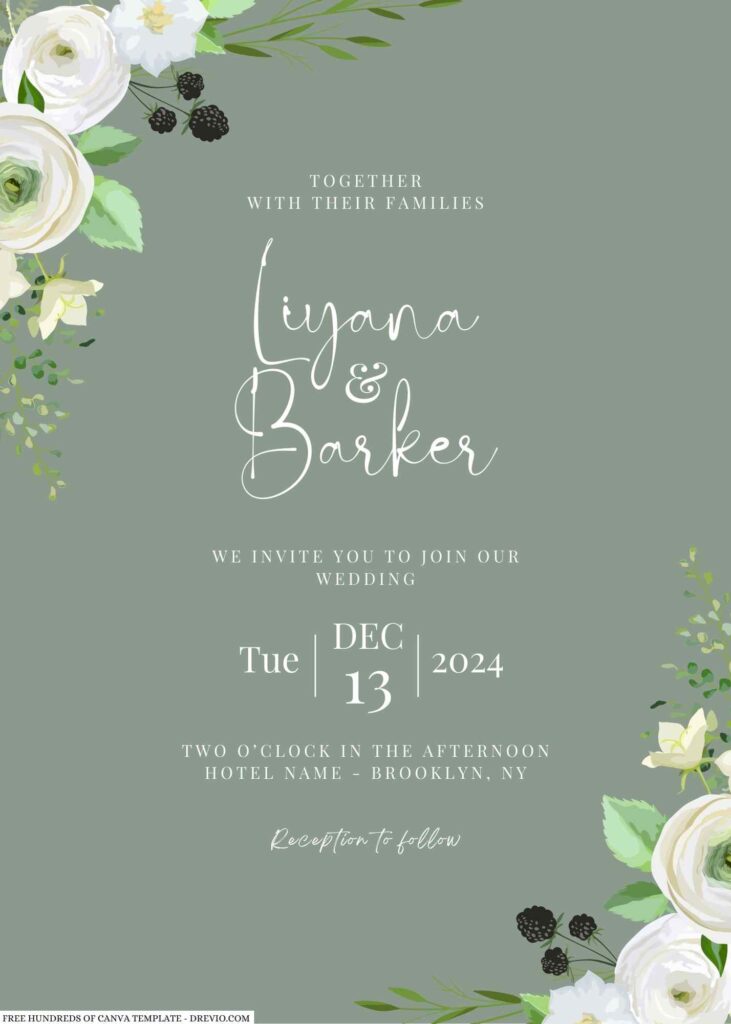 Invitation Template of 20+ Sage White Flower Bouquet Canva Wedding Invitation Templates 1