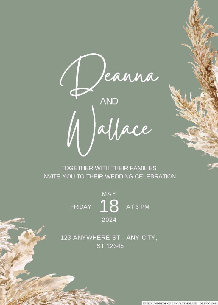 Invitation Template of 20+ Sage Watercolor Pampas Grass Canva Wedding Invitation Templates 1