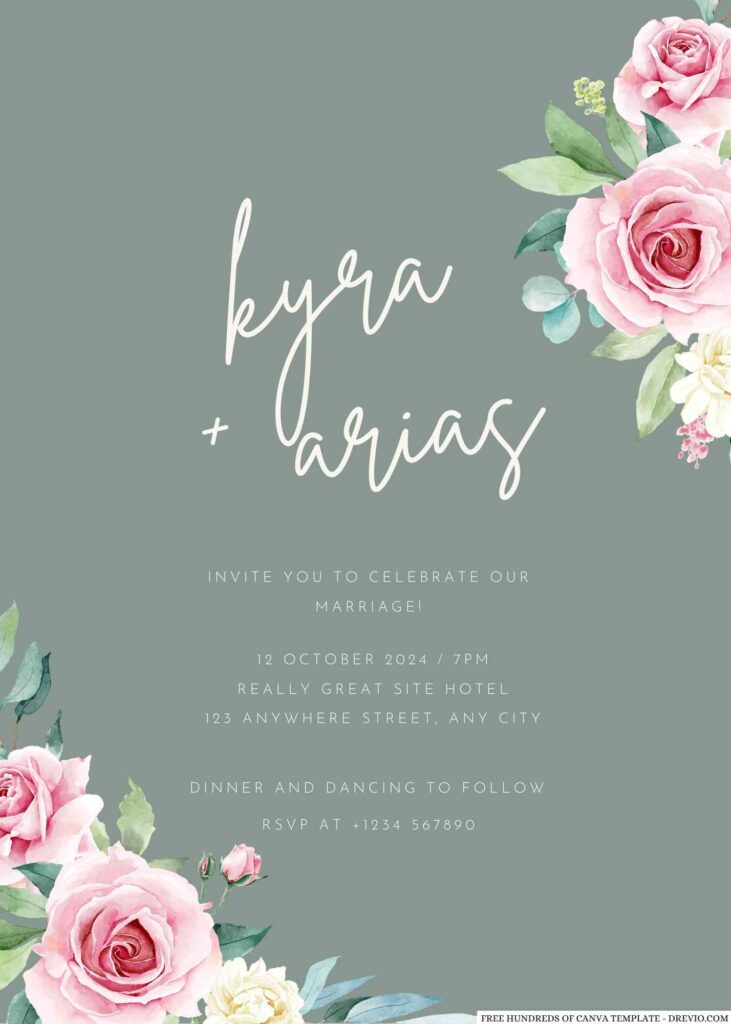 Invitation Template of 22+ Sage Pink Rose Bouquet Canva Wedding Invitation Templates 1