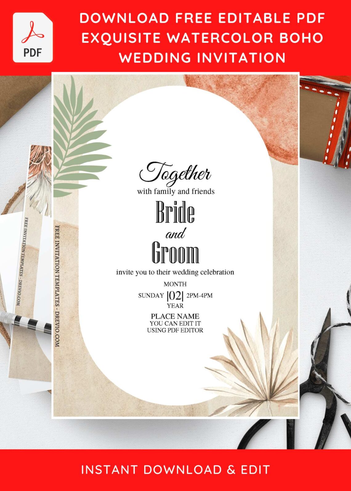 (Free Editable PDF) Ethereal Bohemian Wedding Invitation Templates with oval shaped text box