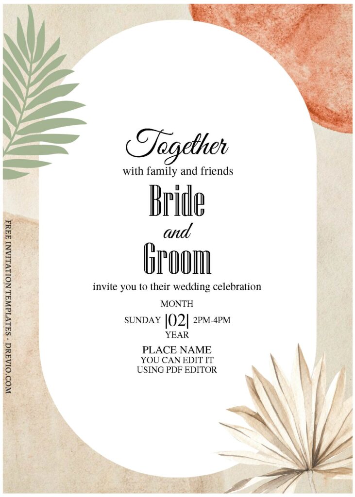 (Free Editable PDF) Ethereal Bohemian Wedding Invitation Templates with palm leaves