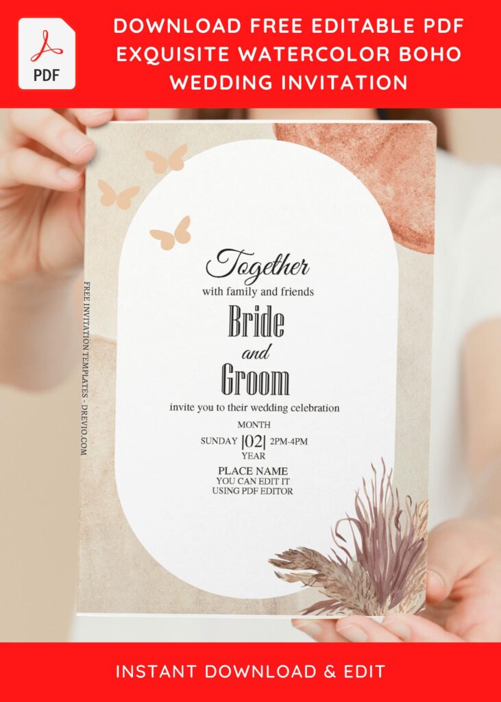 (Free Editable PDF) Ethereal Bohemian Wedding Invitation Templates with beautiful butterfly