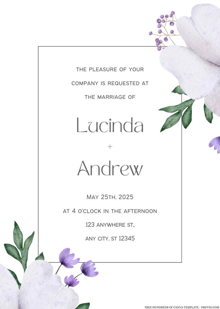 Watercolor White Purple Floral Canva Wedding Invitation Templates