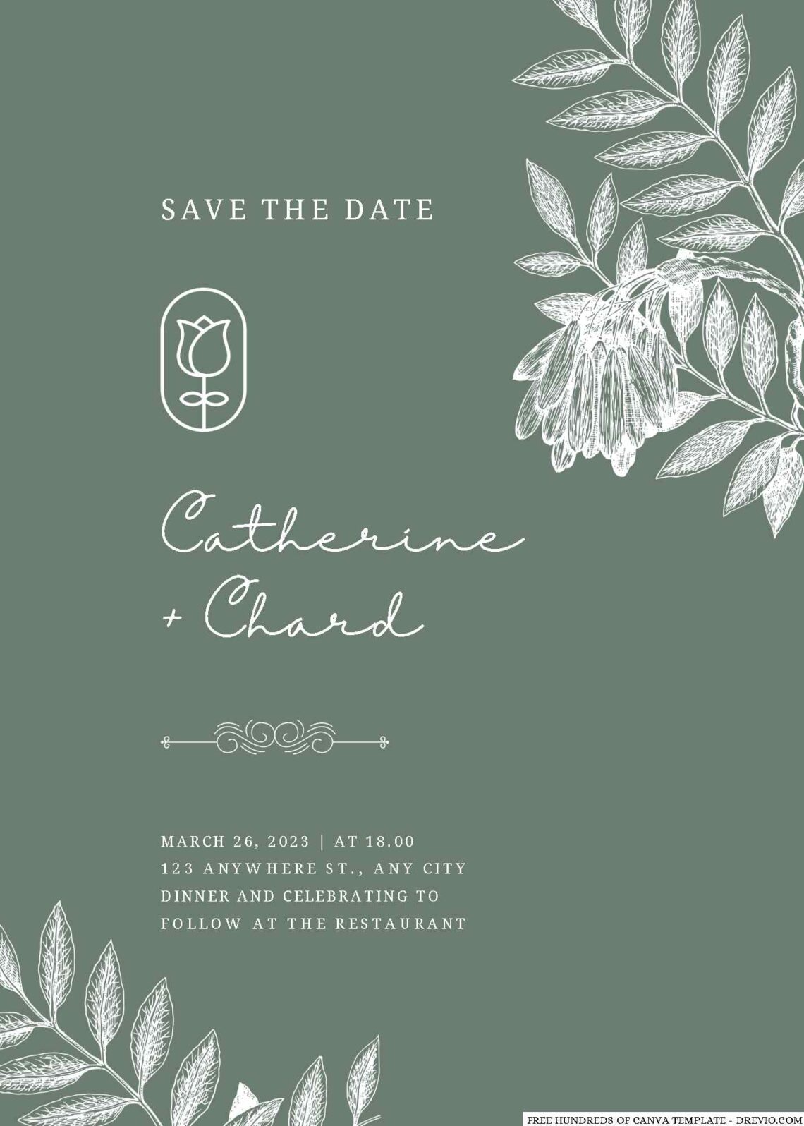 Free Editable Sage Flower Plant Detail Line Wedding Invitation