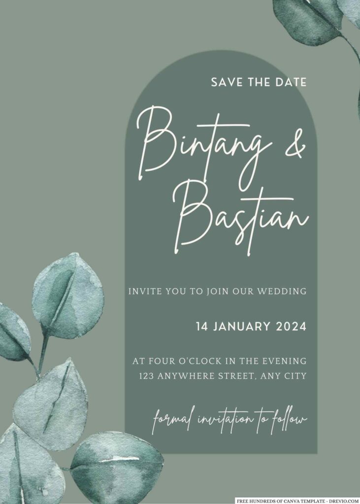 Free Editable Sage Watercolor Painted Eucalyptus Wedding Invitation