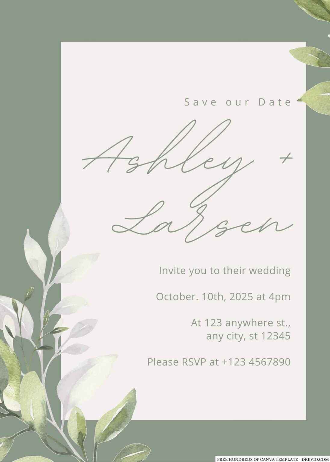 20+ Sage White Leaves Eucalyptus Canva Wedding Invitation Templates ...