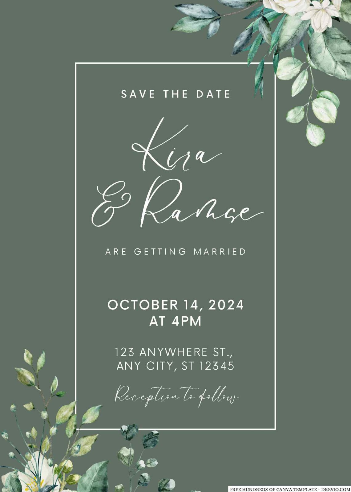 Free Editable Sage Green Leaves White Roses Wedding Invitation