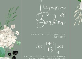 Free Editable Sage White Flower Bouquet Wedding Invitation