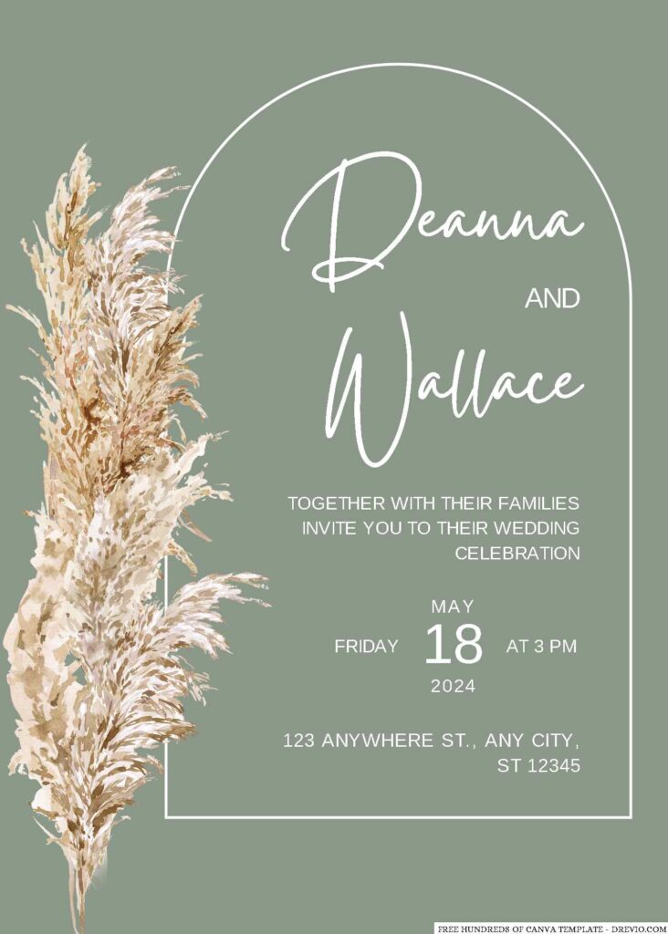 Free Editable Sage Watercolor Pampas Grass Wedding Invitation