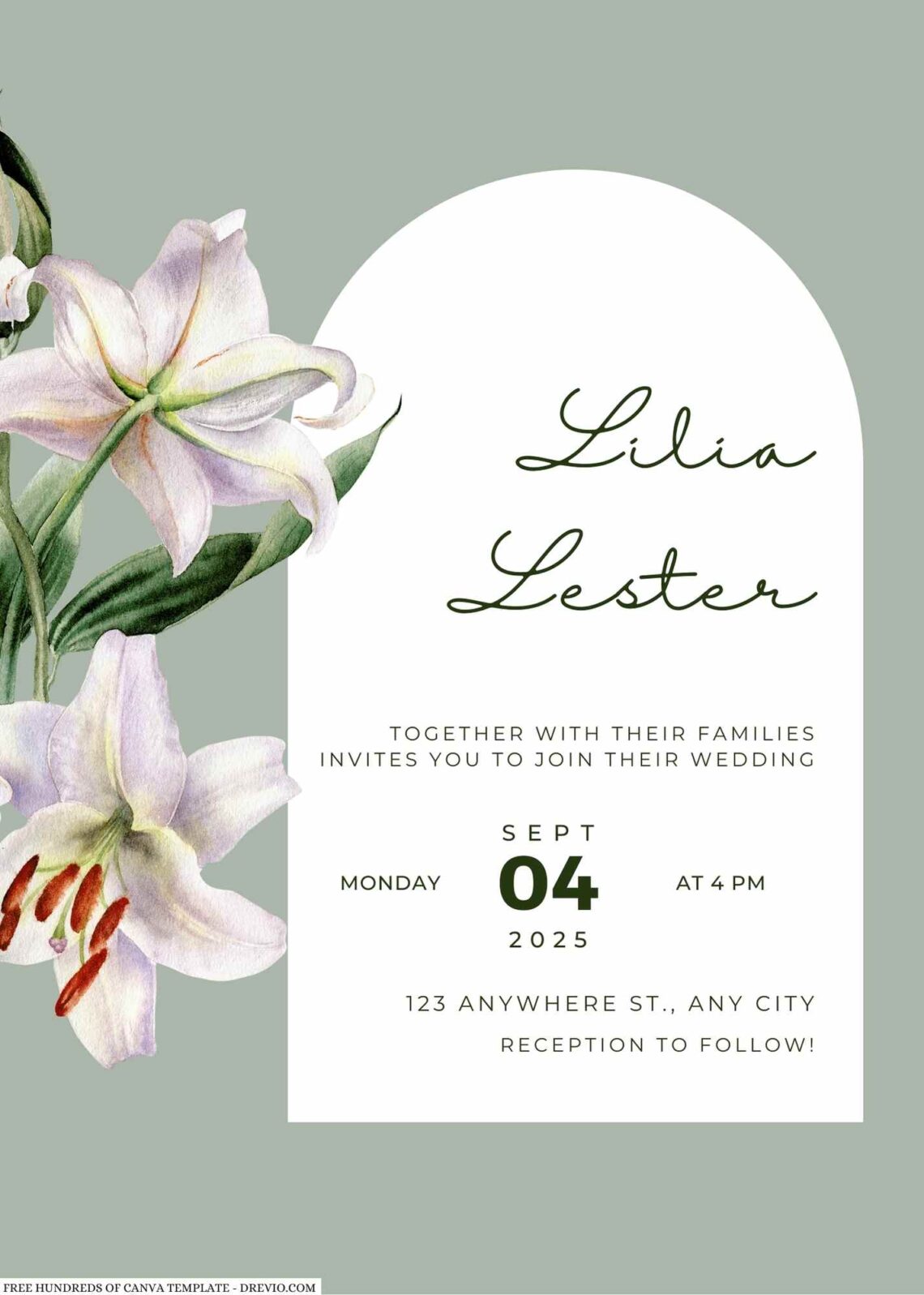Free Editable Sage Watercolor Lily Flower Wedding Invitation