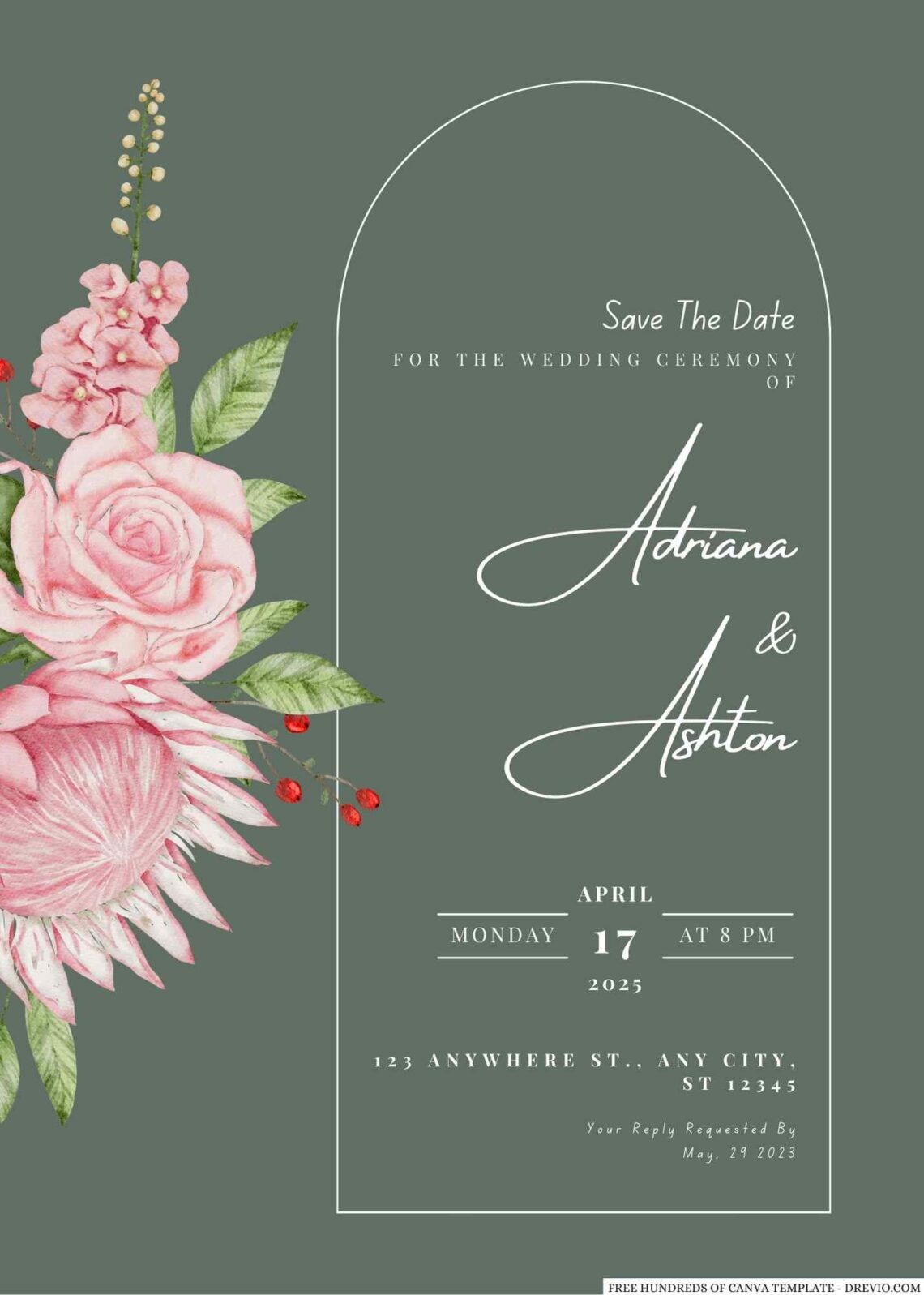 Free Editable Sage Pink White Flower Bouquet Wedding Invitation