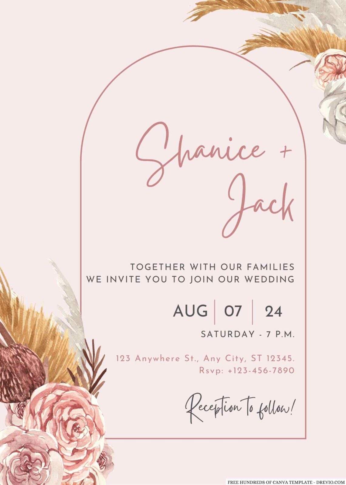 Free Editable Cream Watercolor Dried Floral Wedding Invitation