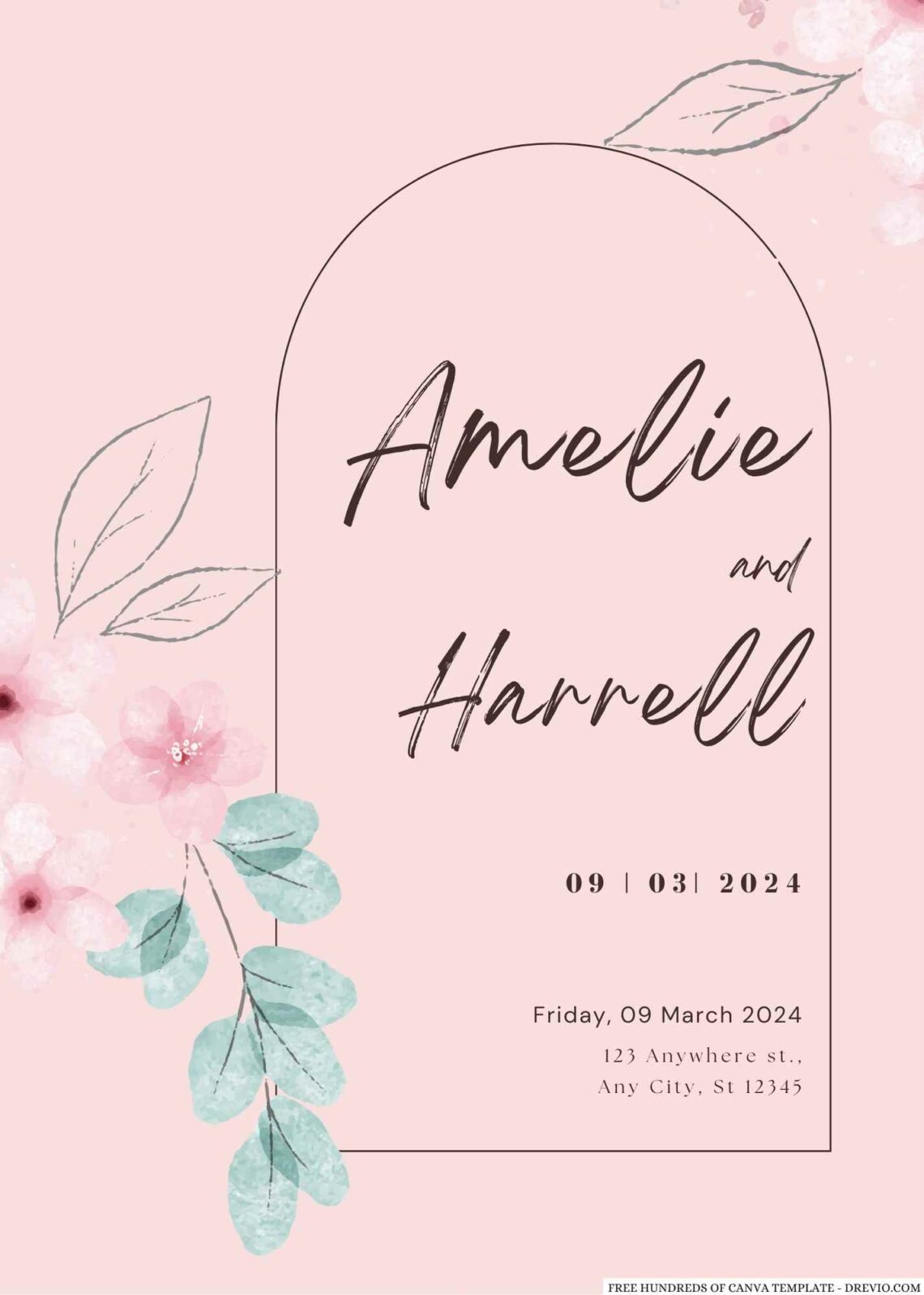 Free Editable Cream Watercolor Pink Flower Wedding Invitation